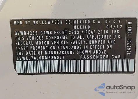 2013 Volkswagen Jetta 2.0L Tdi z USA, uszkodzony, nr VIN 3VWLL7AJ0DM385077